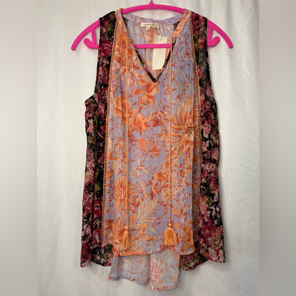 NWT Floral Multicolor Sleeveless Top- with boho Tassles- By Mystery Size Small